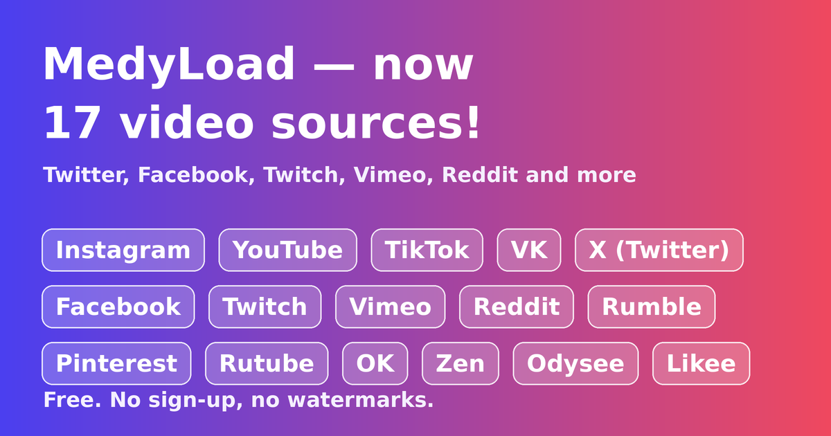MedyLoad — 17 vaizdo šaltinių